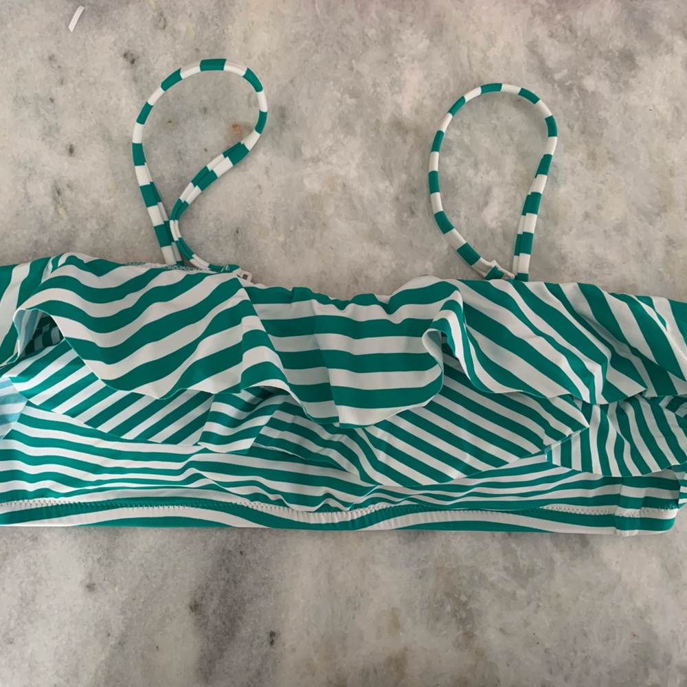 NWT JCREW green and white stripe ruffle bikini top.